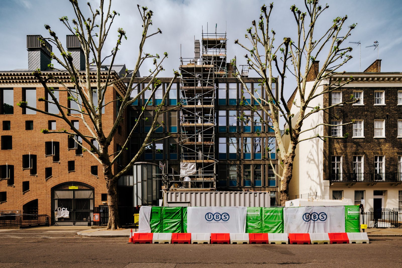 UCL Christopher Ingold Building under refurbishment construction work in an early Sunday morning.