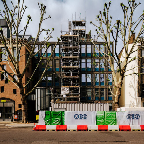 UCL Christopher Ingold Building under refurbishment construction work in an early Sunday morning.