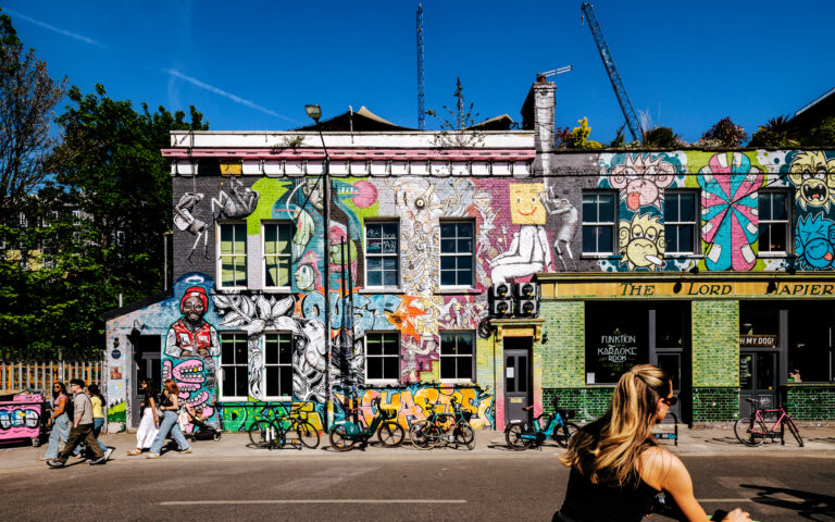 An urban scene in Hackney Wick, London, shot in a sunny day.