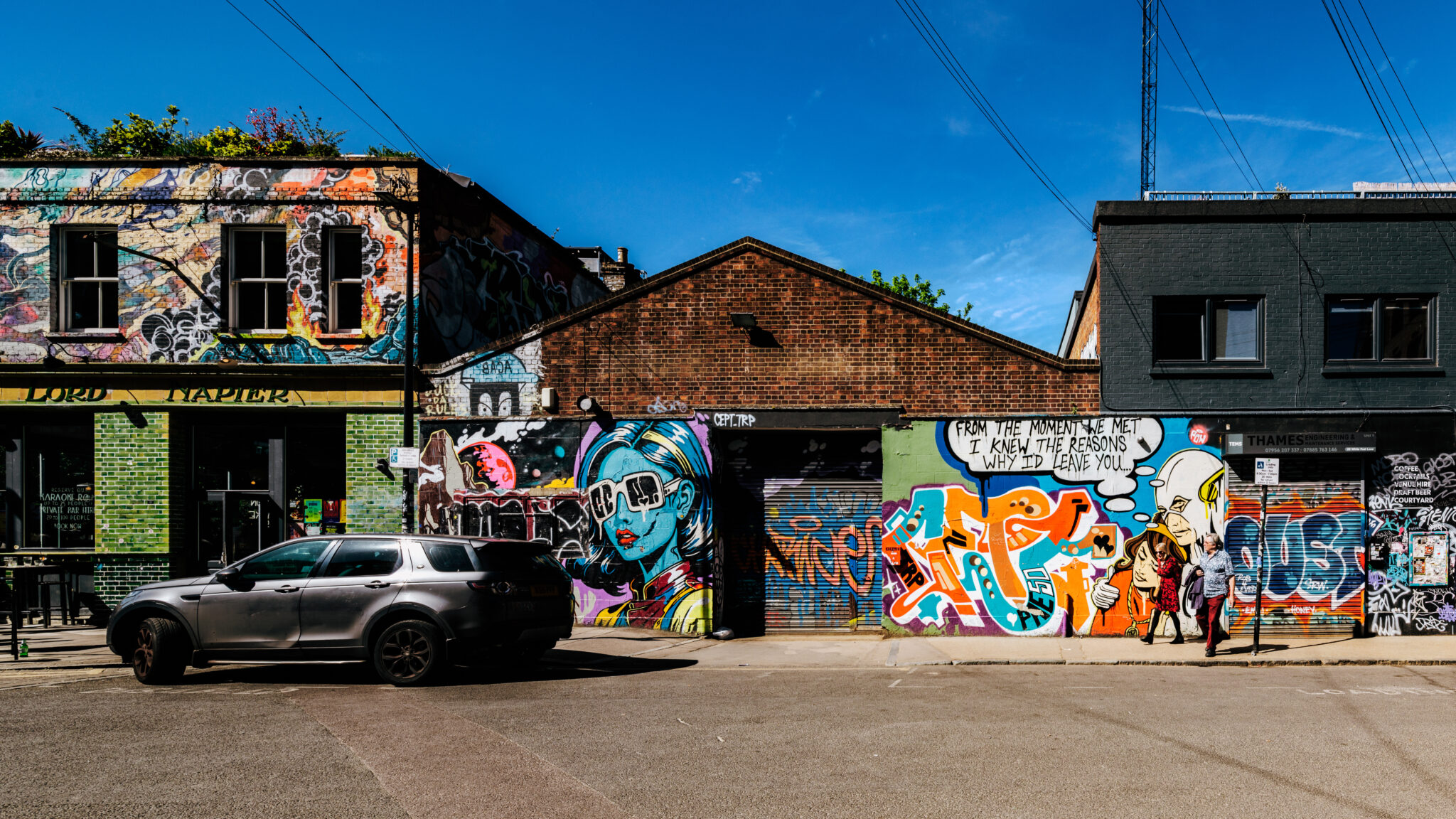 An urban scene in Hackney Wick, London, shot in a sunny day.