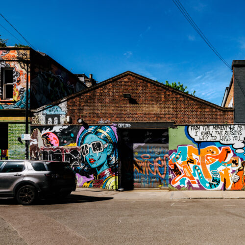 An urban scene in Hackney Wick, London, shot in a sunny day.