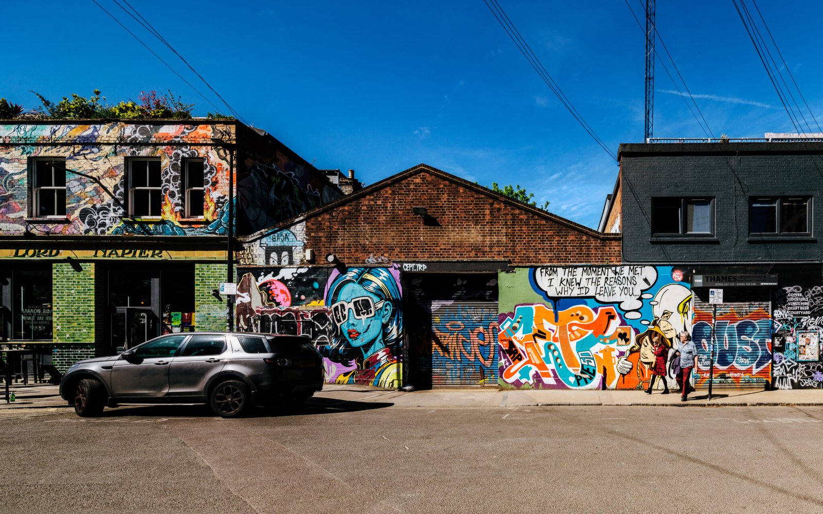 An urban scene in Hackney Wick, London, shot in a sunny day.