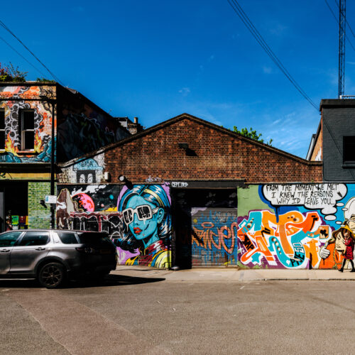 An urban scene in Hackney Wick, London, shot in a sunny day.
