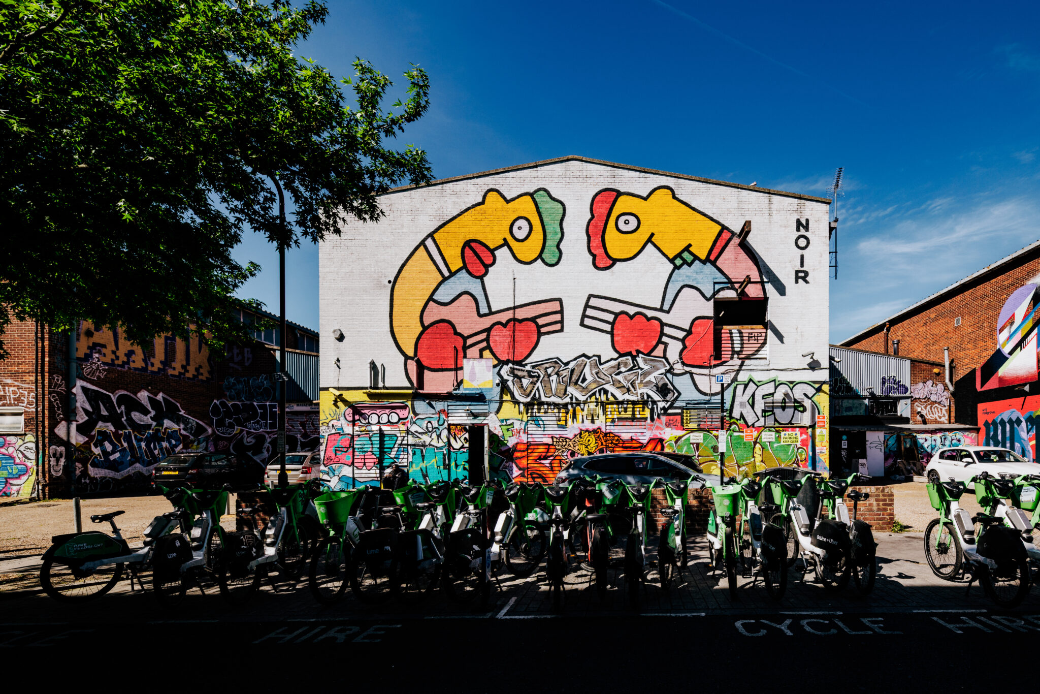 An urban scene in Hackney Wick, London, shot in a sunny day.