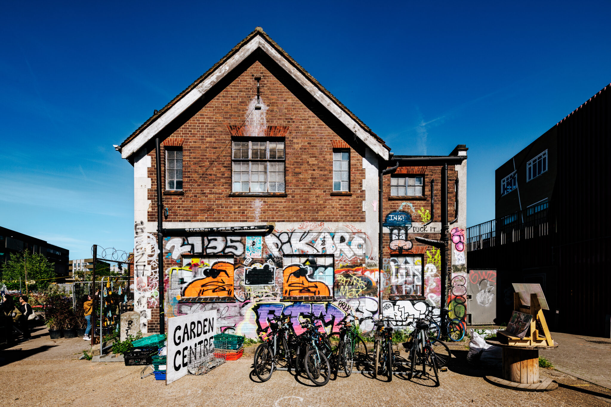 An urban scene in Hackney Wick, London, shot in a sunny day.